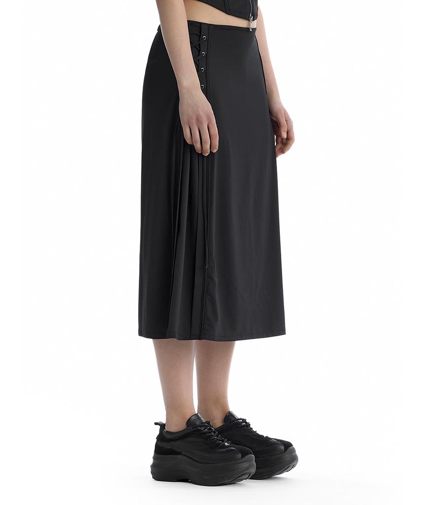 Teulimingbeodeu Jersey Lace-Up Side Set-Up Skirt [ Black ]