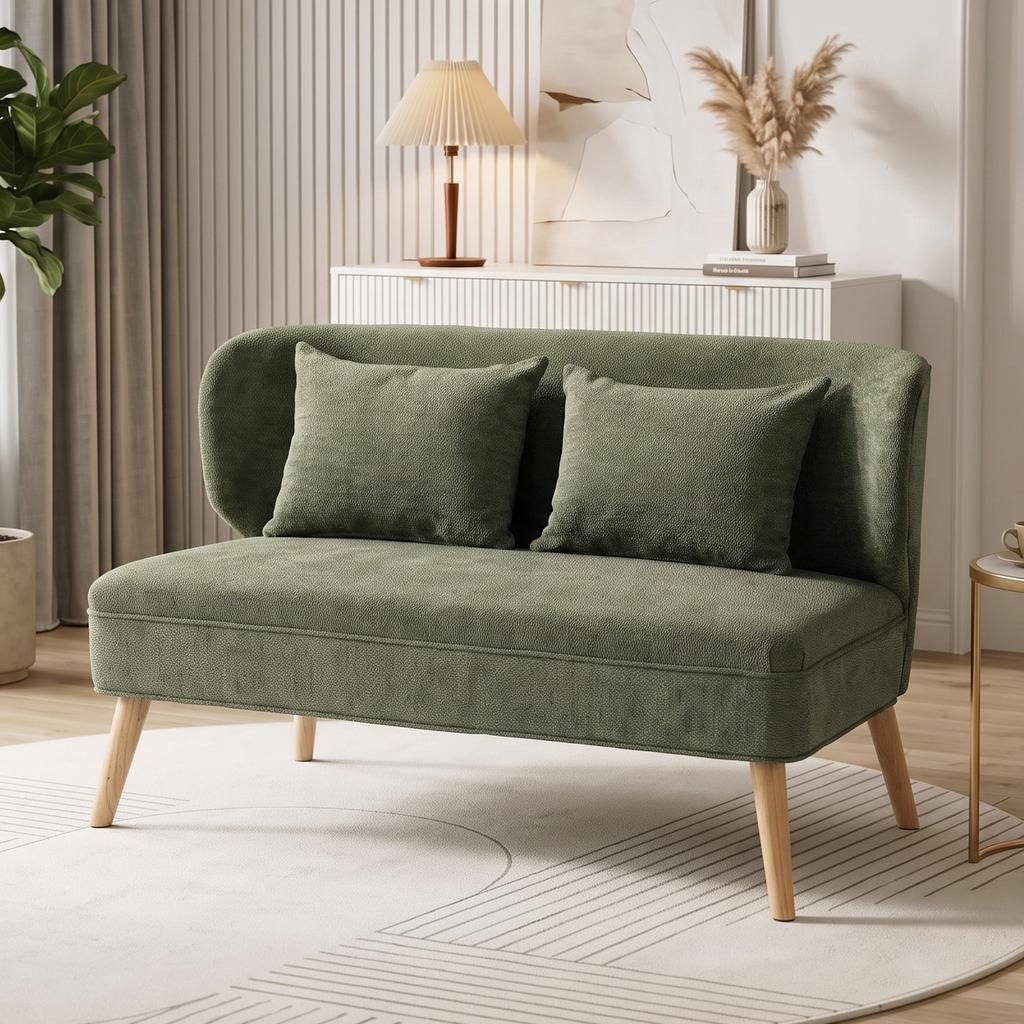 2 Seater Sofa Small Chenille Sofa With Wing Back Thick Seat Rubber Tree Wood Feet Dark Green
