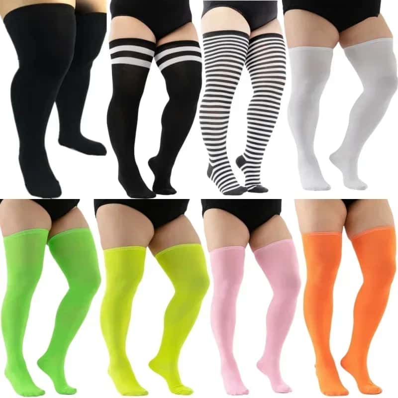 Calze lunghe fino alla coscia taglia grande a righe bianche e nere, calze lunghe da stivale sopra il ginocchio per donne formose, scaldamuscoli invernali spessi