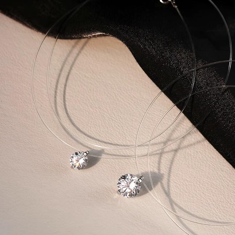 Transparent Fishline Diamond Pendant for Women, Invisible Necklace with Large Drop-shaped Zircon, Clasp Chain for Collarbone, Mermaid Tear Necklace