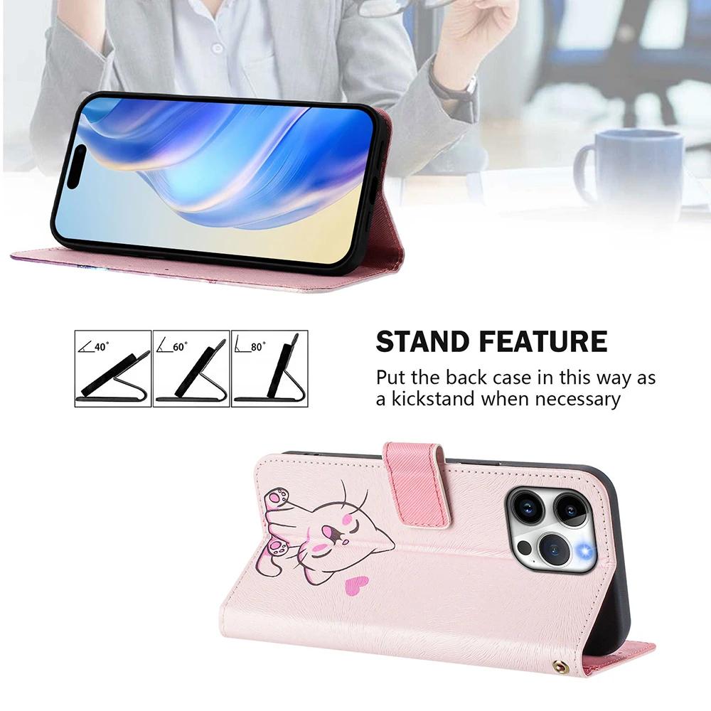Bunte Zeichnung Wallet Hülle für iPhone 11 12 13 Pro Max Mini XR XS 10 X Stoßfest Ständer Kartenhalter Riemen Flip Handyhülle
