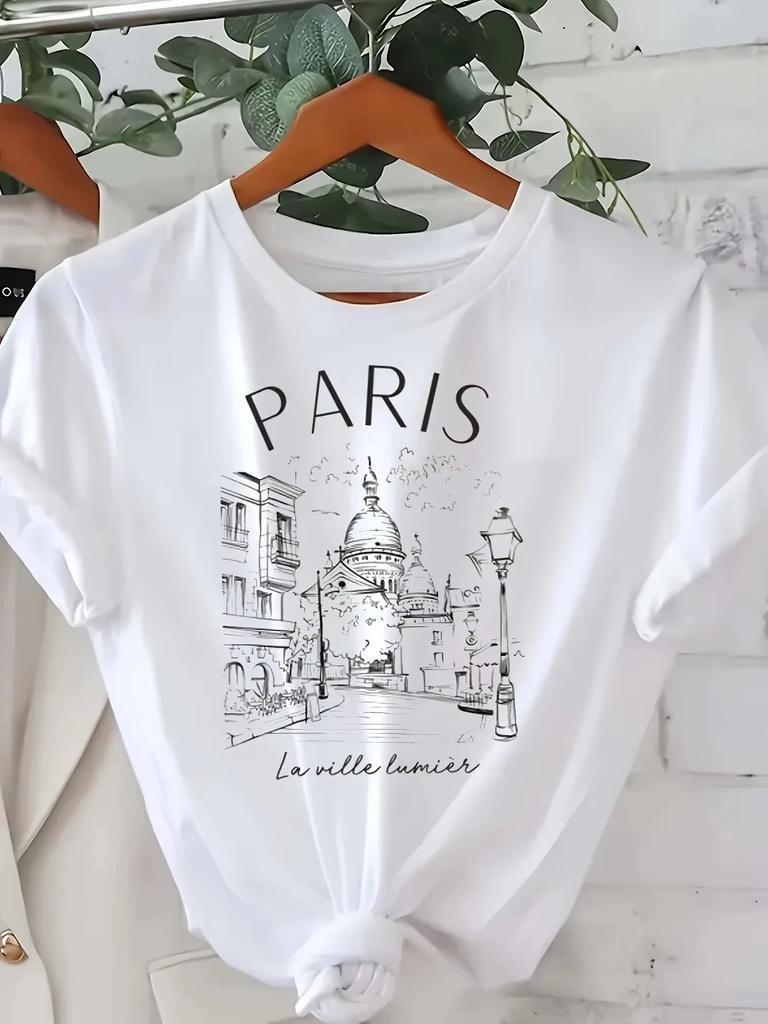 Vintage Elegant O-neck Short Sleeved 2D T-shirt Paris Tower Printed Top High-quality Comfortable And Minimalist Women's Clothing