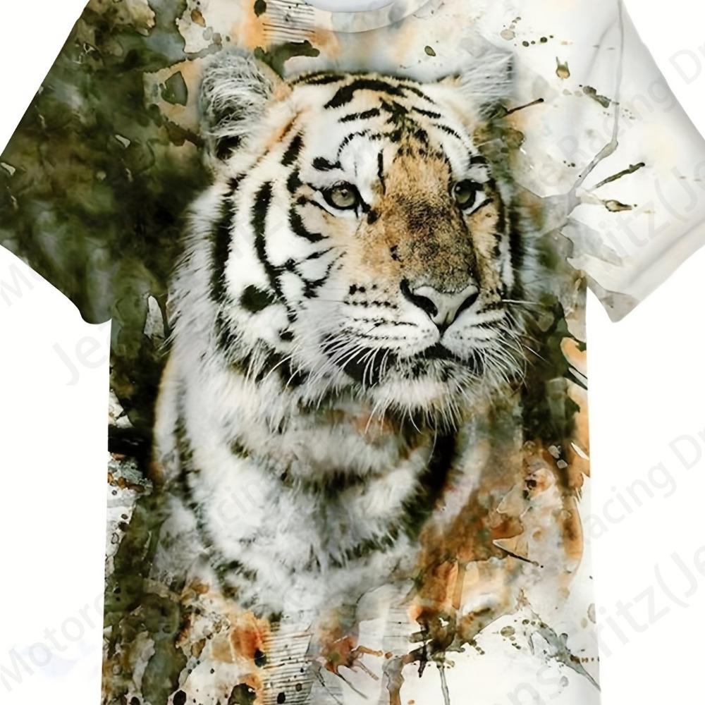 Women's 3d Tiger Print T-shirt, Round Neck Short Sleeve Casual T-shirt, Animal T-shirts, Floral T-shirts