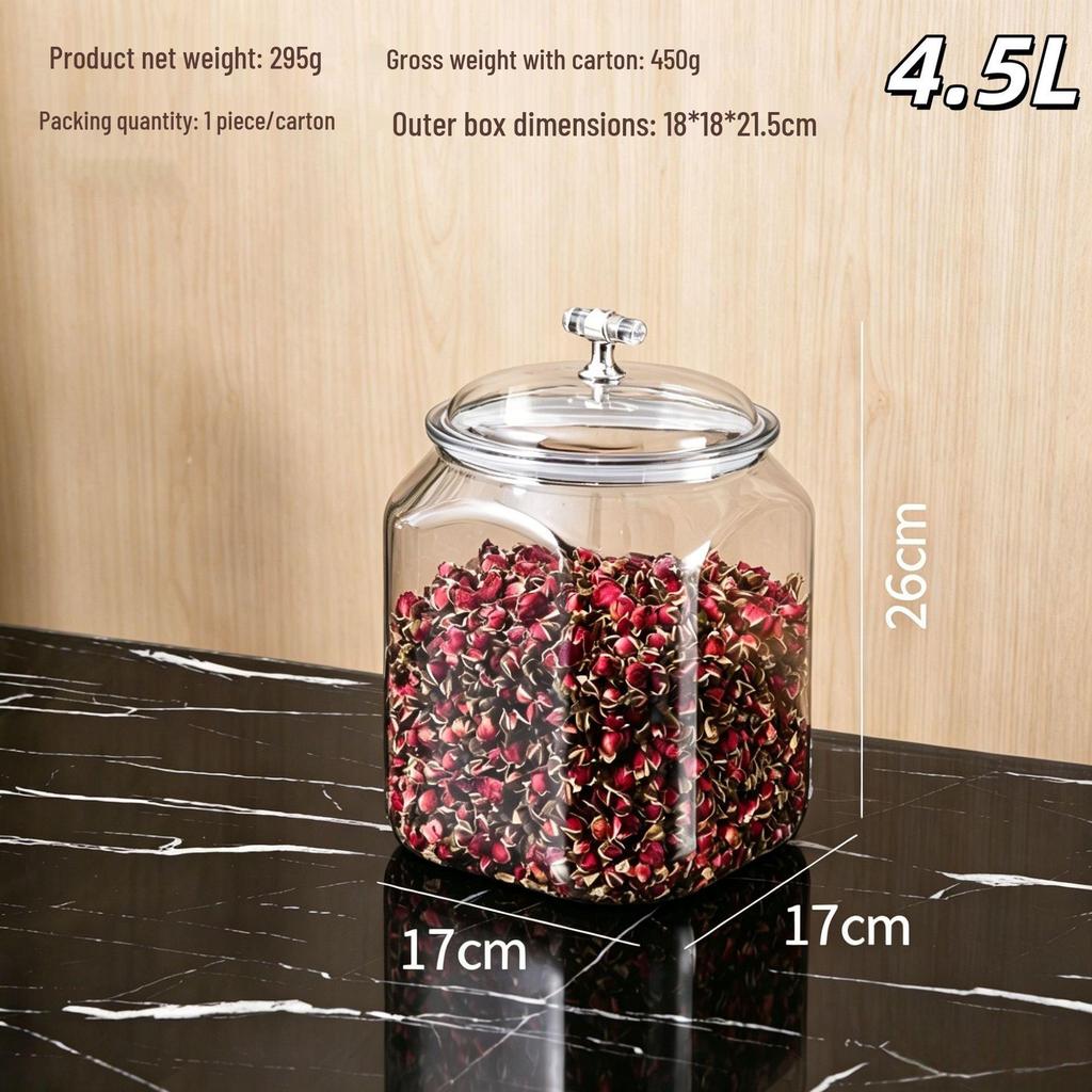 Large Airtight Storage Jar for Dried Tangerine Peel & Grains - Food-Grade PET, Moisture-Proof, Square Design
