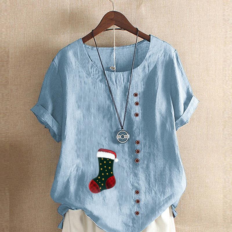 Women's Fashion Round Neck Short Sleeve T-shirt Casual Cotton Linen Graphic Shirt Leisure Loose Christmas Stocking Prined Summer Blouse Tops