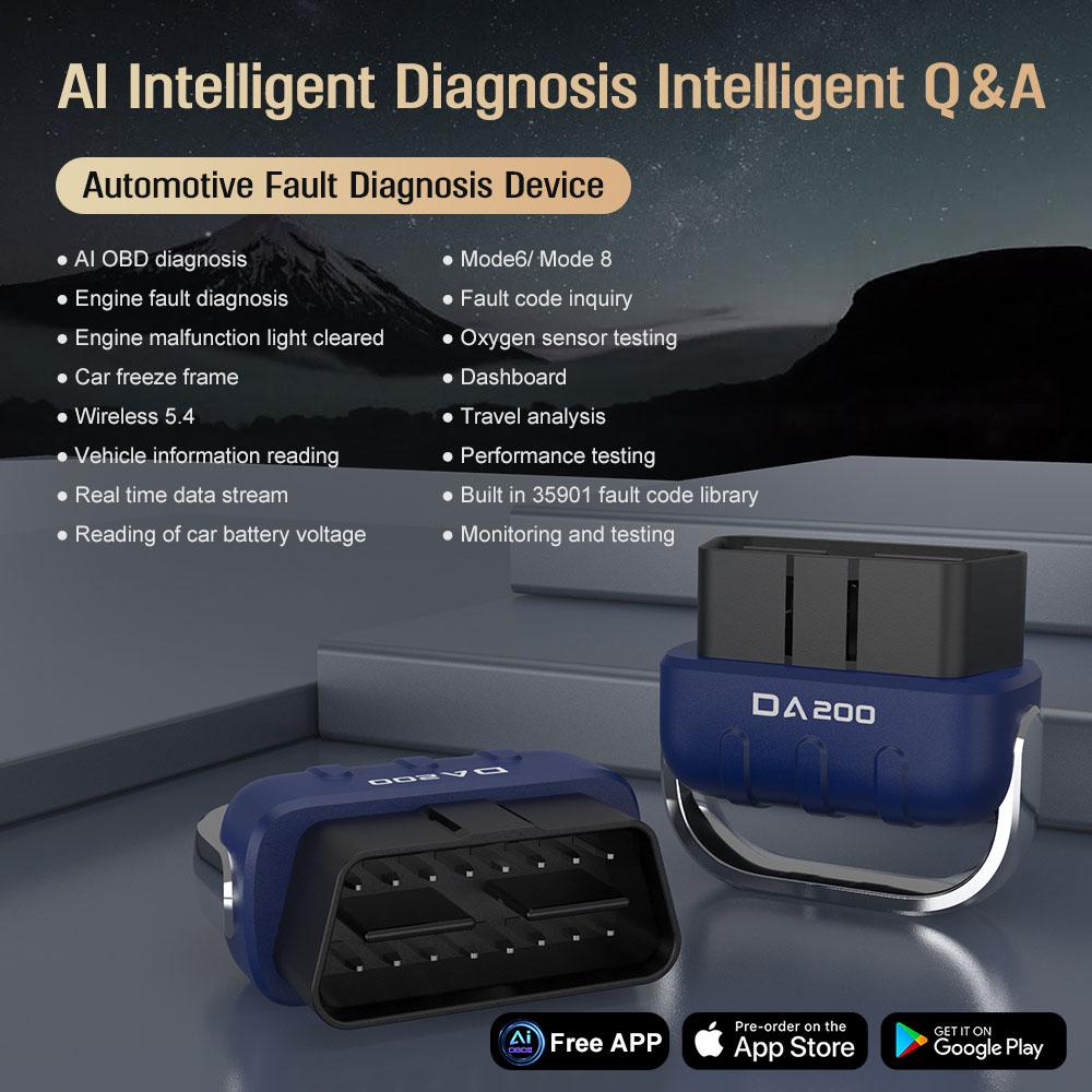 DA200 AI OBD 2 Scanner Code Reader Car Battery Tester Fault Code Erase Car Diagnostic Tools On Dashboard Display Bluetooth 5.4