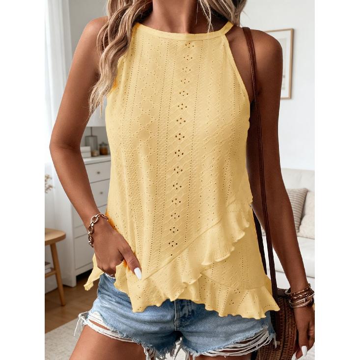 2026 Summer Women s Hollowed-Out Irregular Ruffle Hem Loose Slimming Tank Top T-Shirt S