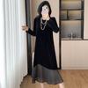 Autumn and Winter Base Inner Wear, Velvet Splicing Dress, Bubble Sleeve Medium and Long Large Size Dress for Women
