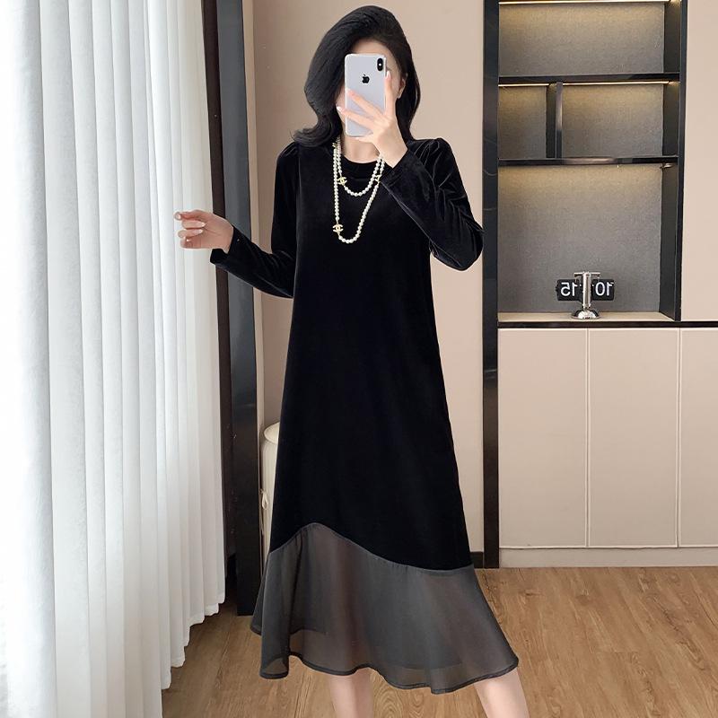 Autumn and Winter Base Inner Wear, Velvet Splicing Dress, Bubble Sleeve Medium and Long Large Size Dress for Women