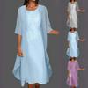 Elegant Women Chiffon Lace Patchwork Two Piece Dress Solid Color Sleeveless Round Neck Fashion Dress
