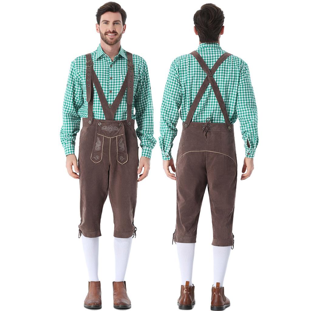 Men's German Bavarian Oktoberfest Costume Set Long Sleeve Plaid Shirt with Suspenders Pants, 2-Piece Outfit