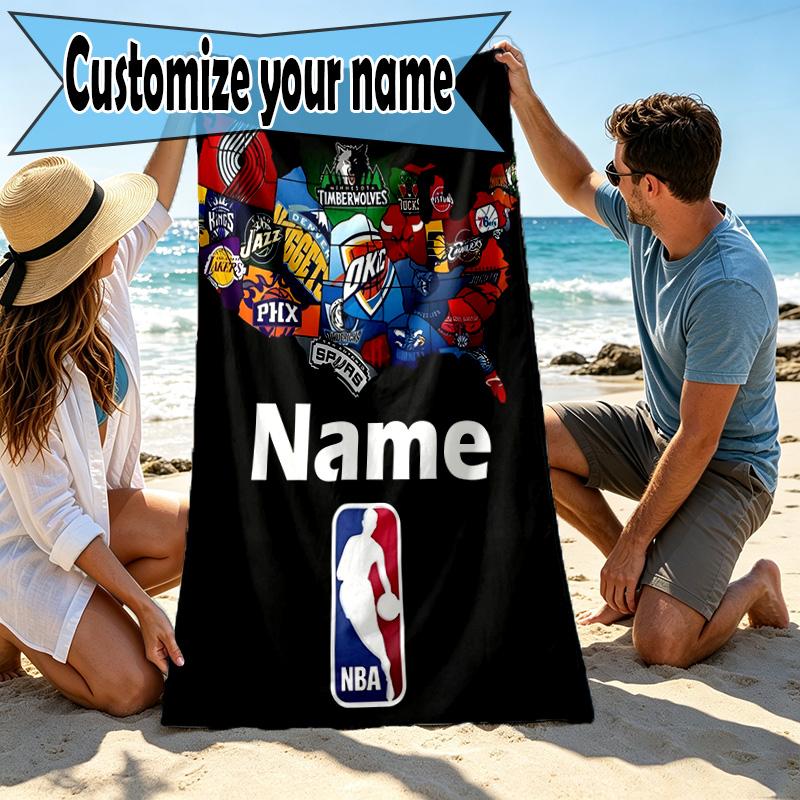 Custom Name Personalized NBA Print Beach Towel, for Trip Camping Beach Party Home Decor, Birthday Gift for Family & Friends