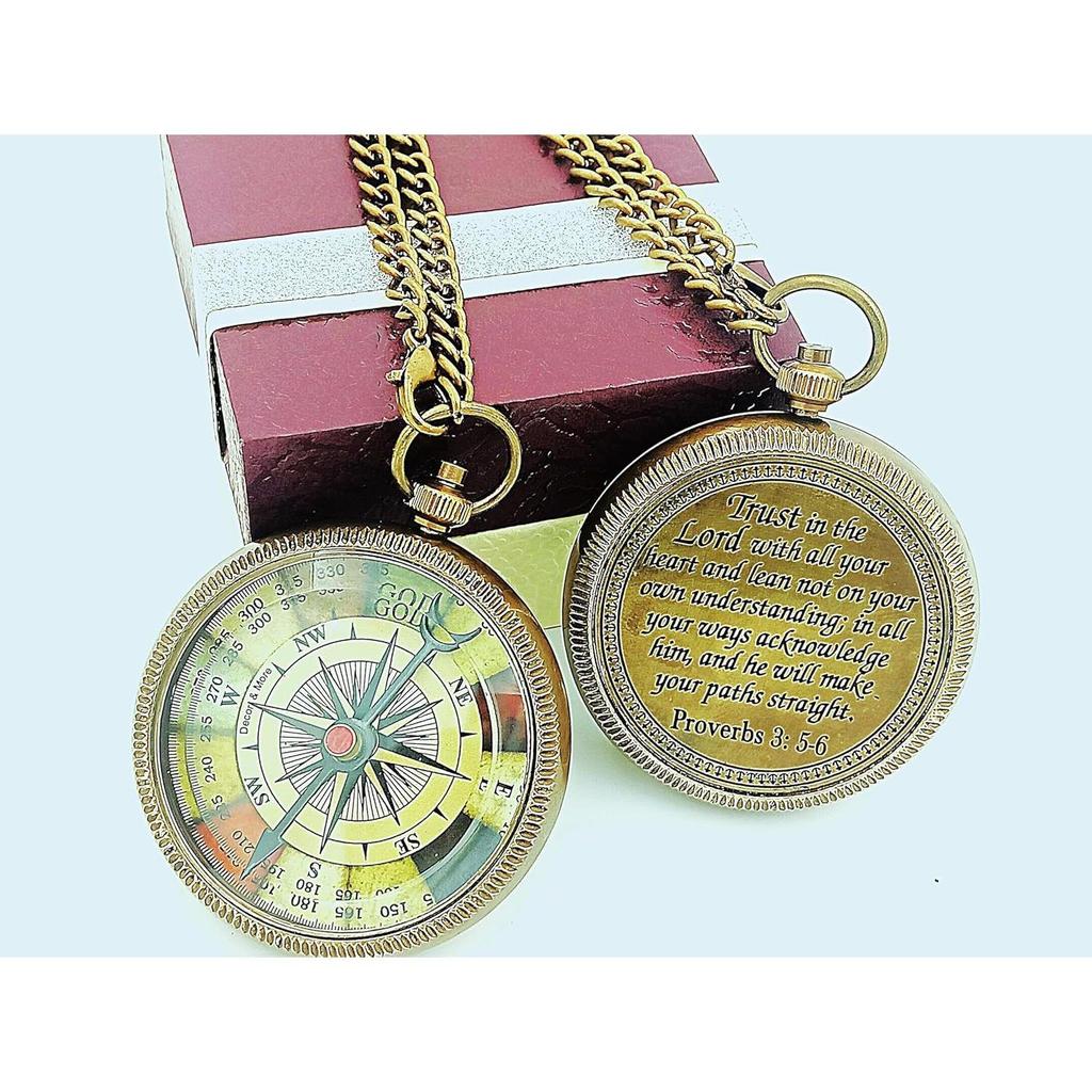 Engraved Vintage Brass Compass Pendant – Proverbs 3:5-6 Scripture Gift with Chain | Inspirational Christian Keepsake