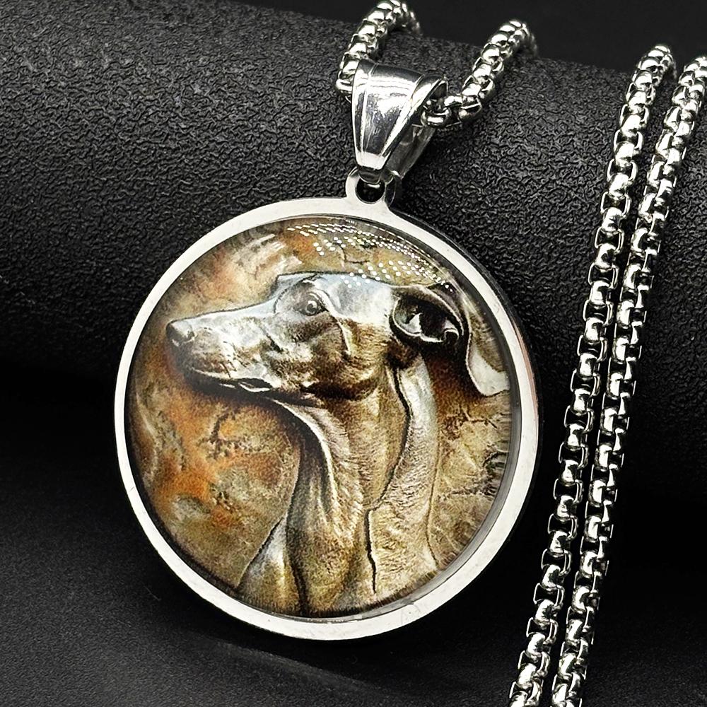 Greyhound Whippet Hundekopf Glasmedaille Anhänger Halskette für Damen Herren Vergoldeter Edelstahl Tier Haustierliebhaber Kette Schmuck