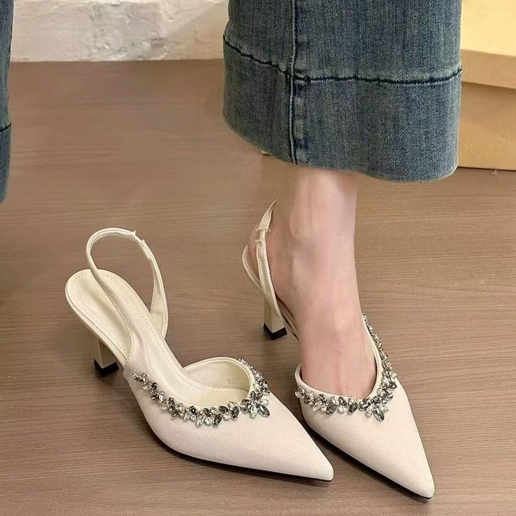 Spring 2025 new French satin fashion high heels women's thin heels pointed head sandals wear rhinestones versatile