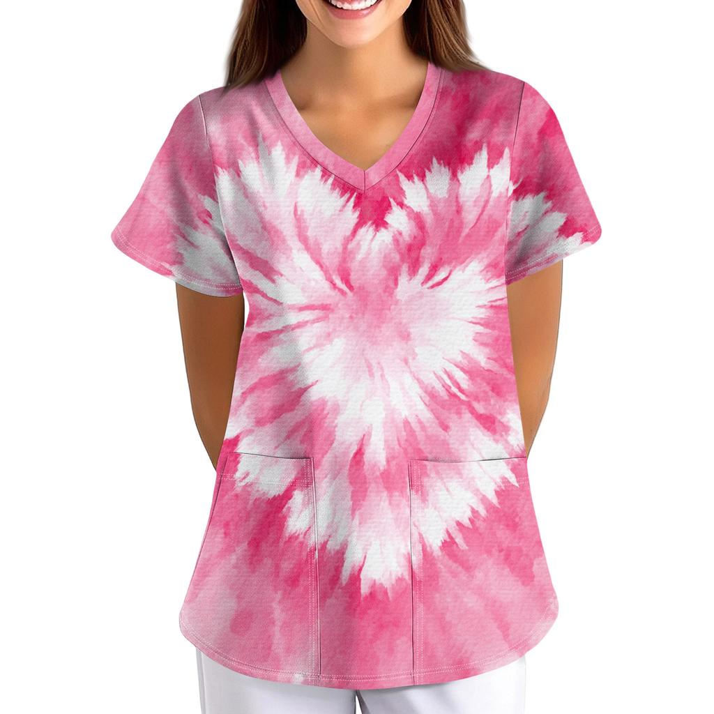 Plus SizePrinted Scrub Working Uniform Tops For Women's Cross V-Neck Print Short Sleeve Fun T-Shirts Workwear Tee With Pockets