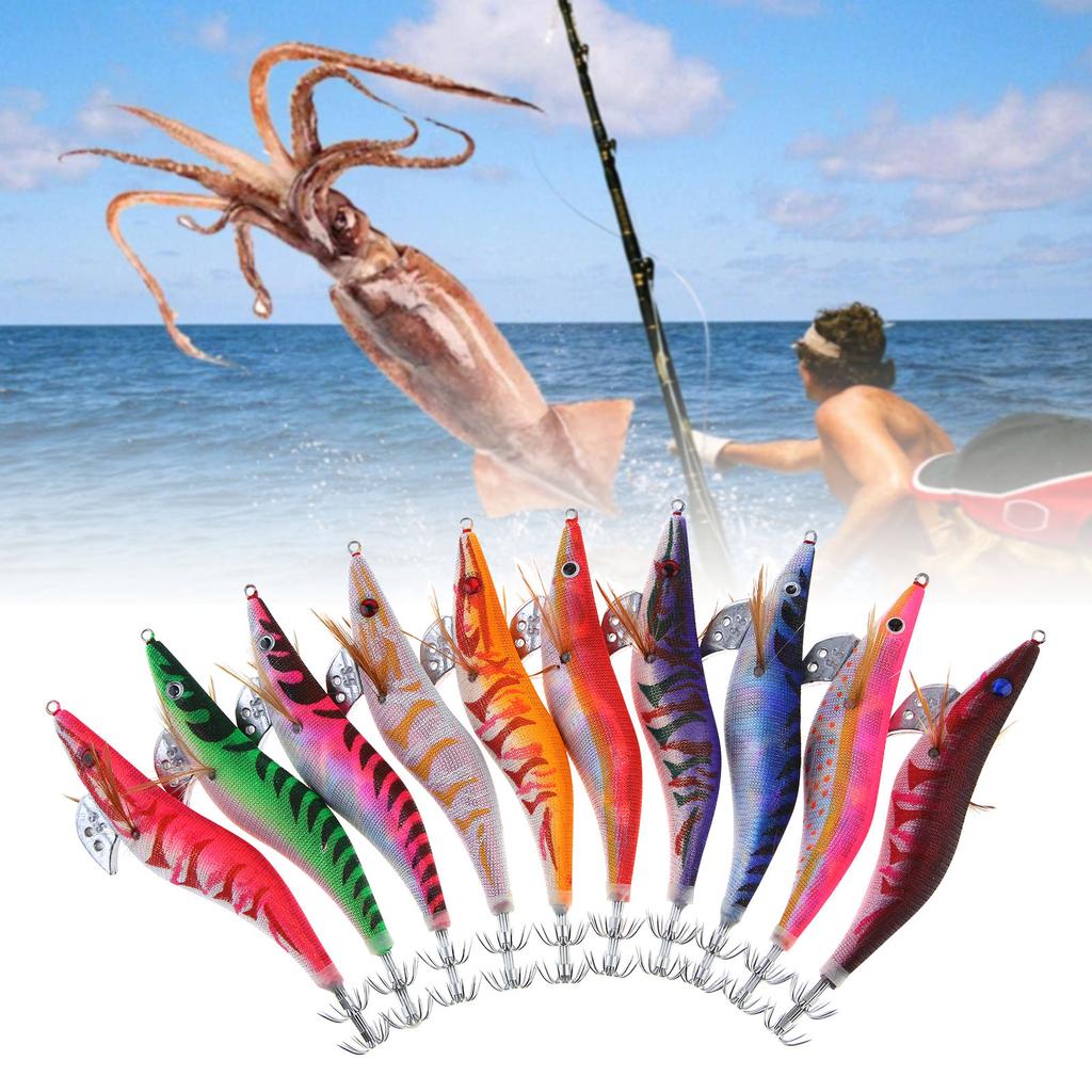 10pcs Luminous Wooden Shrimp Jig Fishing Lures Artificial Bait 15g/19g Jigging Lure with Bag, 3.0 / 3.5 Hooks