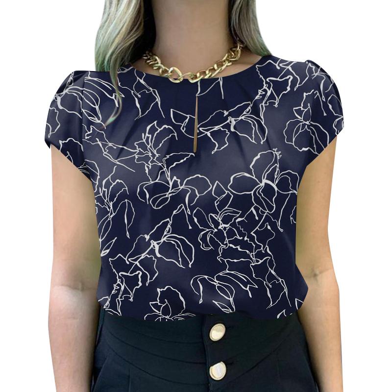 

ZANZEA Женская повседневная летняя блузка с круглым вырезом и коротким рукавом с принтом L темно-синий