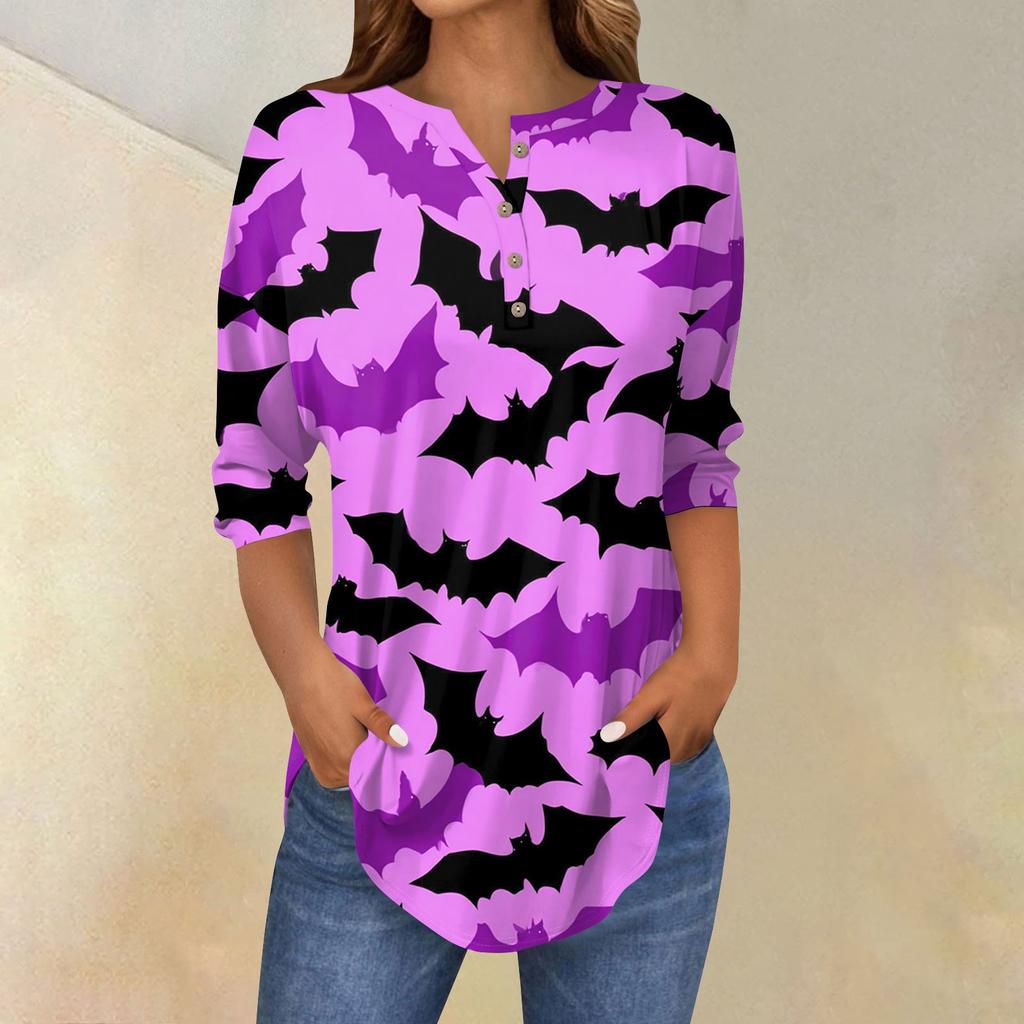 Women's Fashion Loose Button Collar Halloween Print Long Sleeve T-Shirt Top Pullover