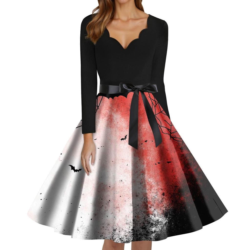 Women's Fashion V-Neck Casual Slim Fit Halloween Printed Long Sleeve Dress