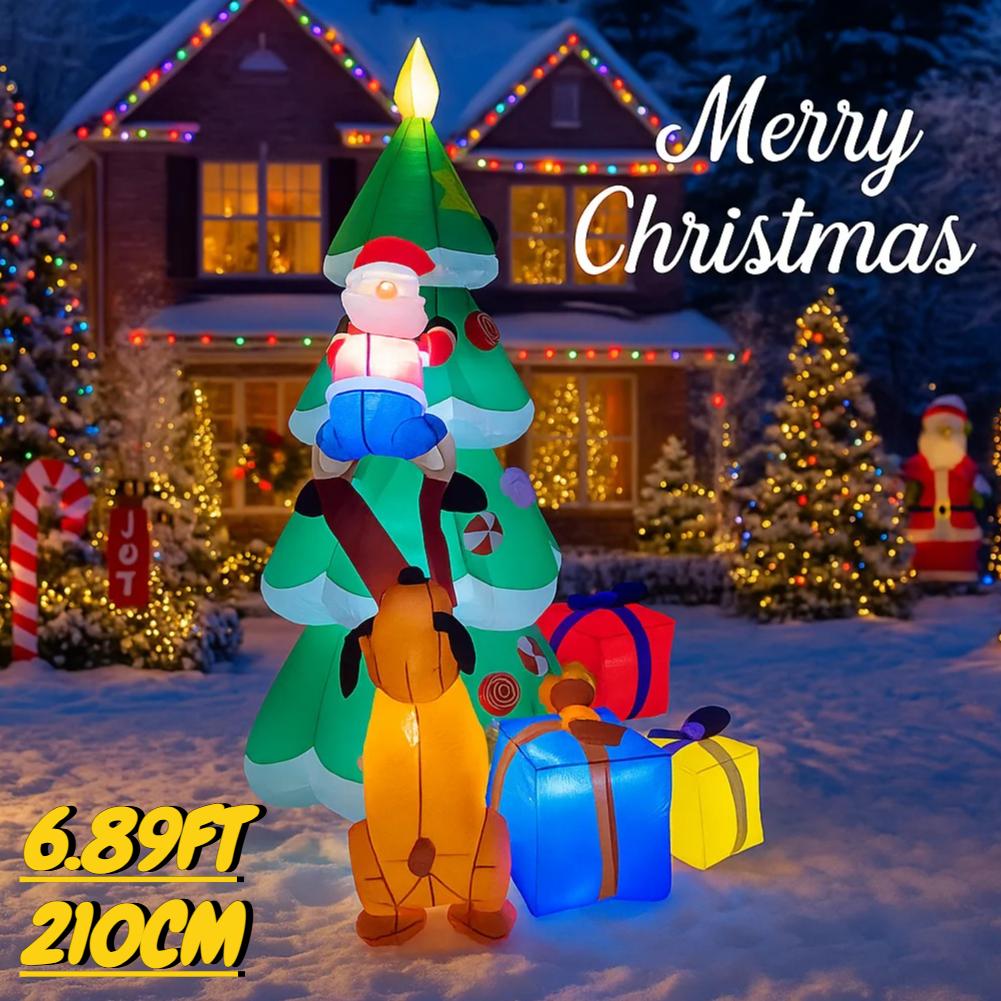 6.89FT Inflatable Toy Christmas Tree Decor Set Santa Claus Dog Gifts Box Xmas Yard Supplies LED Lit Home Ornament Festive Gift