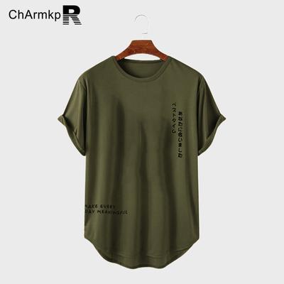 Summer Tops Men Letter Print Curved Hem Casual Short Sleeve T-Shirts