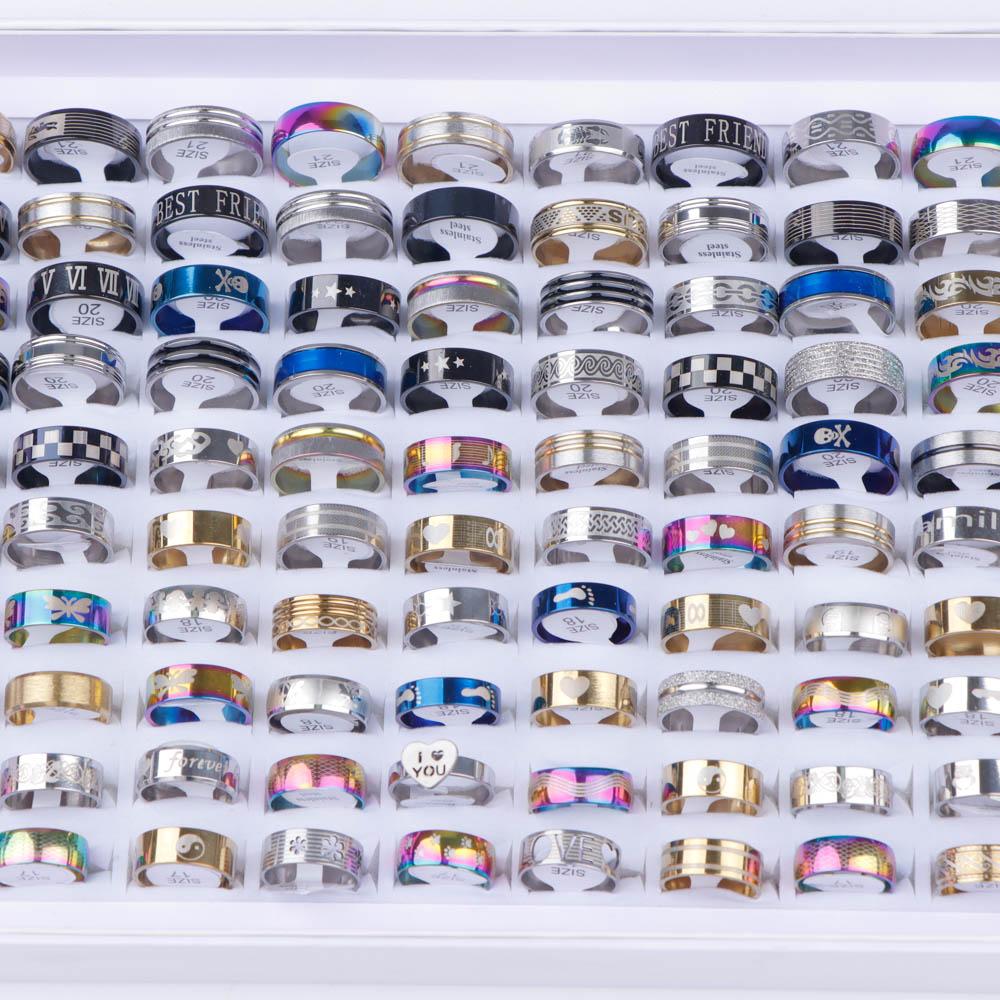 10/20/30/50Pcs Classic Fashion Stripe Hollow Colorful Sticker Stainless Steel Ring Trend Women Jewelry Party Decoration Gift