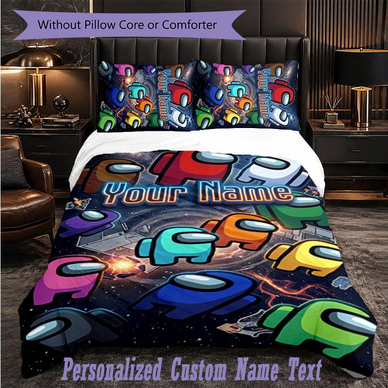 Personalized 3Pcs Bedding SetAmong Us Custom Text Duvet Cover Pillowcase Set Bedroom Gift