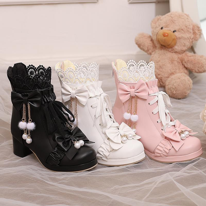 Women Goth Lolita Platform Boots Chunky High Heels Ankle Boots Lace Buckle Gothic Cosplay Booties Zipper Punk Shoes