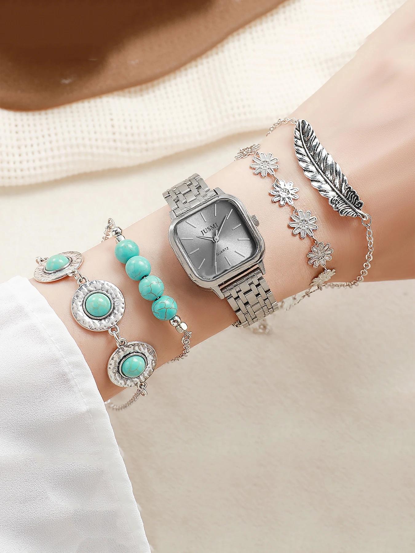 

Fashion all-match steel band square quartz watch bracelet set of 5, suitable for Christmas and Thanksgiving gifts серебряный