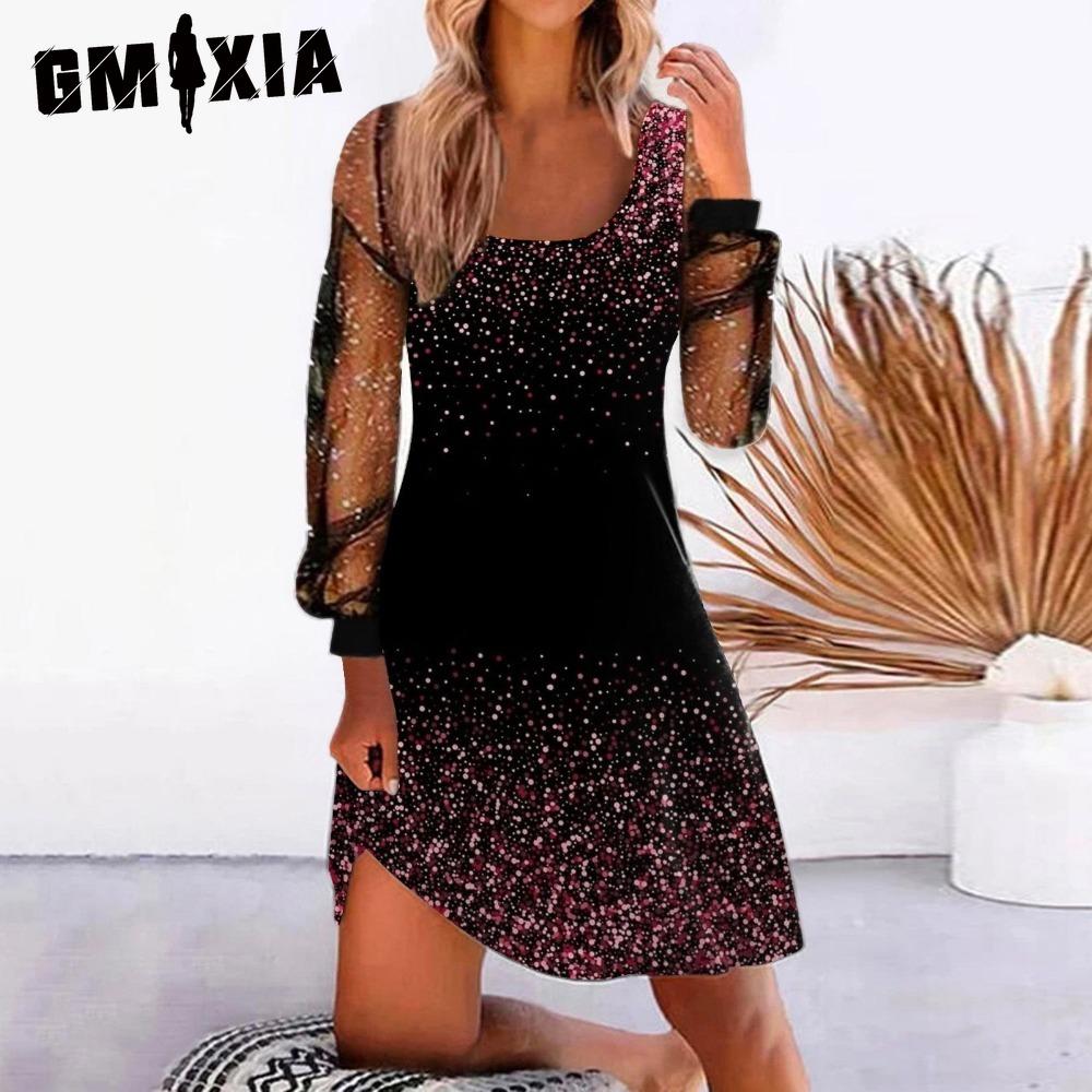 GMXIA Women's Fashion Spring Autumn Solid Color Print Long Sleeve U-Neck High Waist Casual Dresses