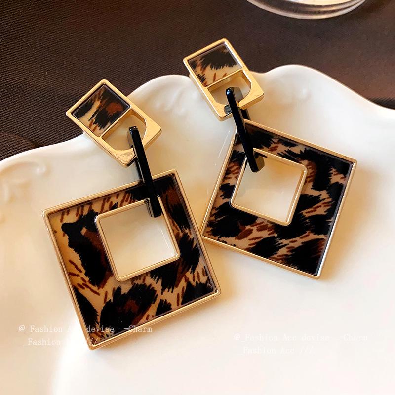 Silver Needle Rhombus Leopard Print Earrings - Retro Design Dangle Earrings, Light Luxury and Versatile