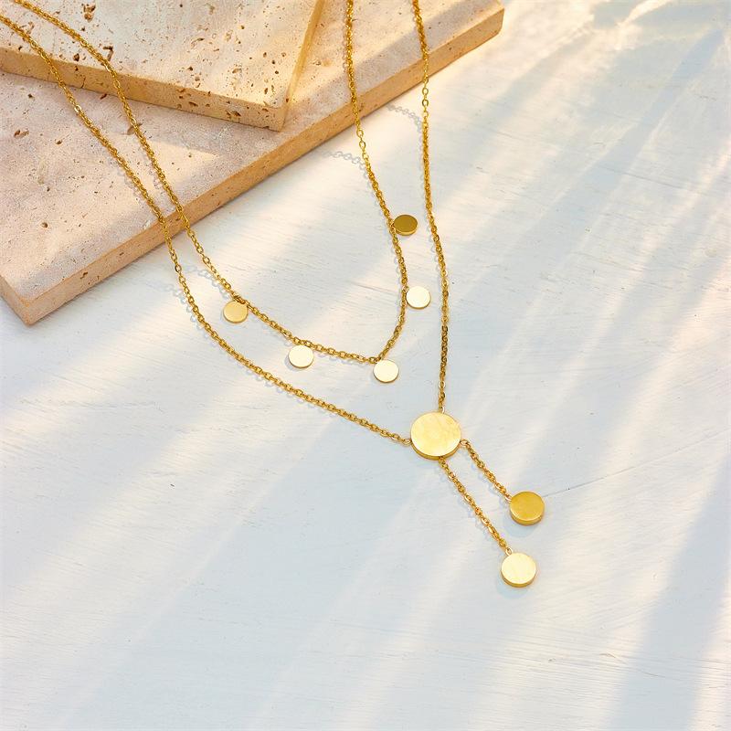 Gold Plated Double Layer Lariat Necklace with Disc and Clear Stone Charms Fashion Jewelry for Women