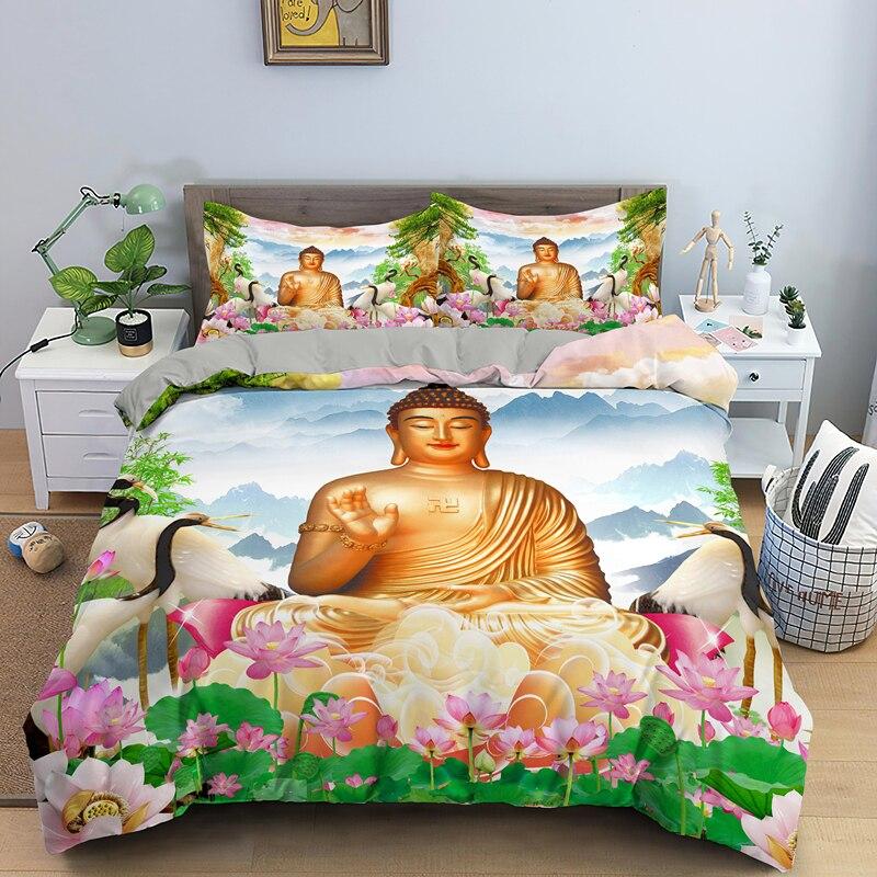 Buddha Påslakanset Mikrofiber Buddha Staty Exotiskt Etniskt Bohemiskt Sängklädesset För Buddhistiska Hängivna Dubbel Queen King Size