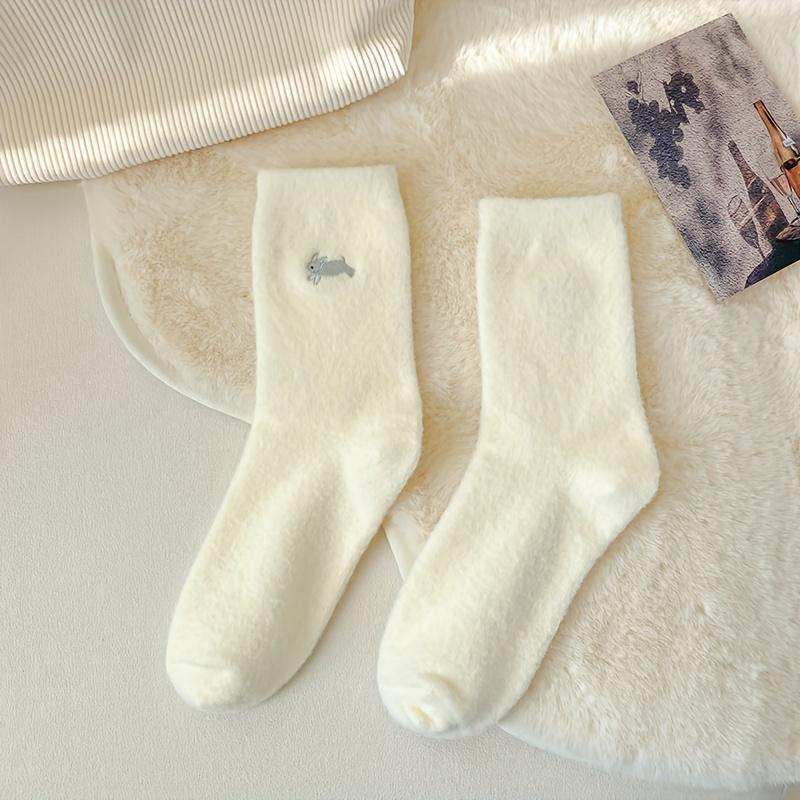 1Pairs Animal Embroidered Socks, Cute & Warm Fuzzy Mid Tube Socks, Women's Stockings & Hosiery