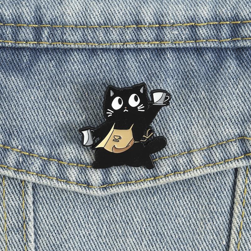 Barista Black Cat Enamel Pin Cartoon Cat Brooches Apron Animals Lapel Badge For Backpacks Bags Adorable Gift For Friends
