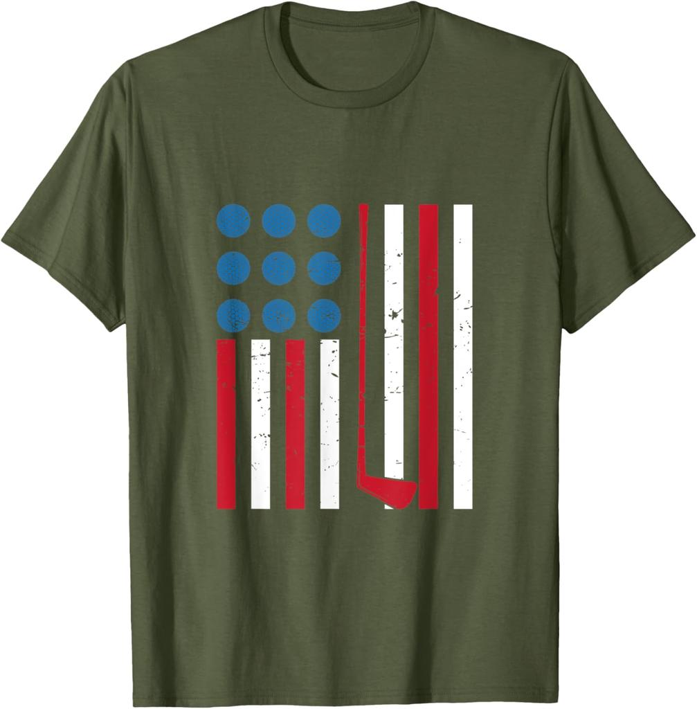 Distressed American Flag Golf Stick And Balls Graphic Tee Vintage Sports TShirt For Men