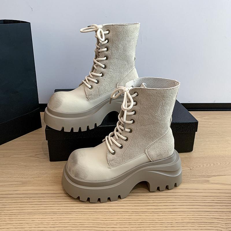 Fashion Aphixta Classical 7cm High Chunky Heel Women's Ankle Boots Cross-tied Leather Women's Autumn Boots Korean Style Platform Boots