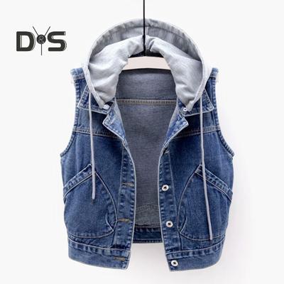 Damen Jeansmantel für Herbst und Frühling, einreihig, ärmellos, mit Kapuze, Taschen, lockere Jacke mit Kordelzug, kurze Weste für den Alltag