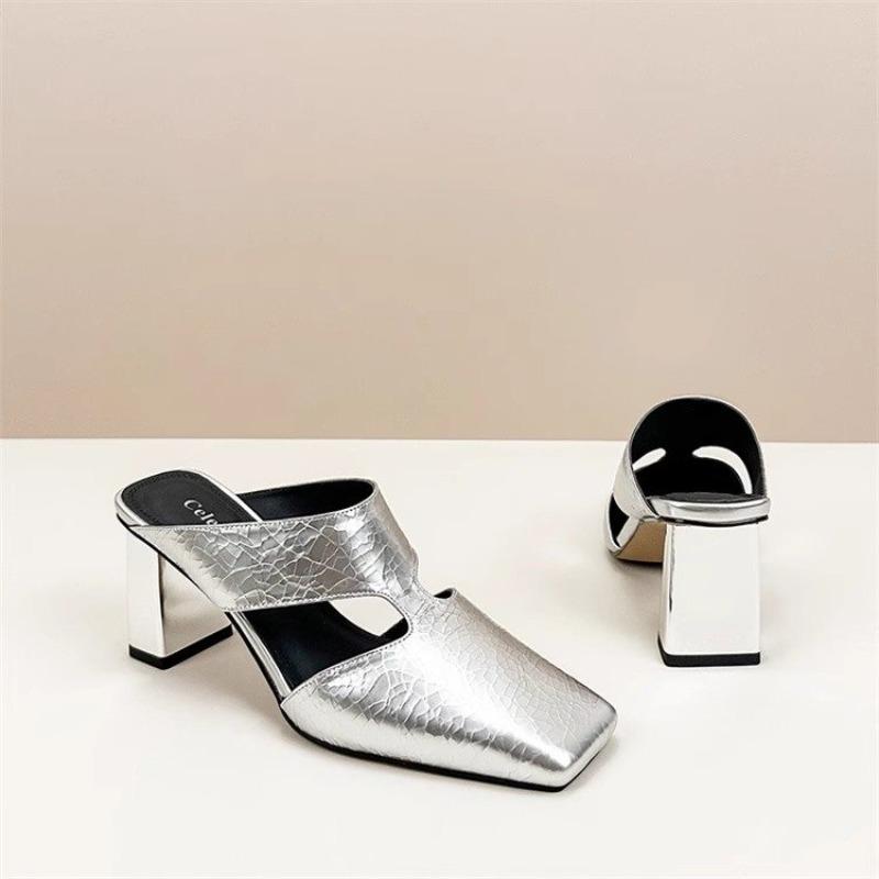 Fashion 2025 Summer New Women's Sandals Natural Leather 22-24.5cm Cracked Cowhide Sheepskin Square Toe Mules High Heel Women Shoes
