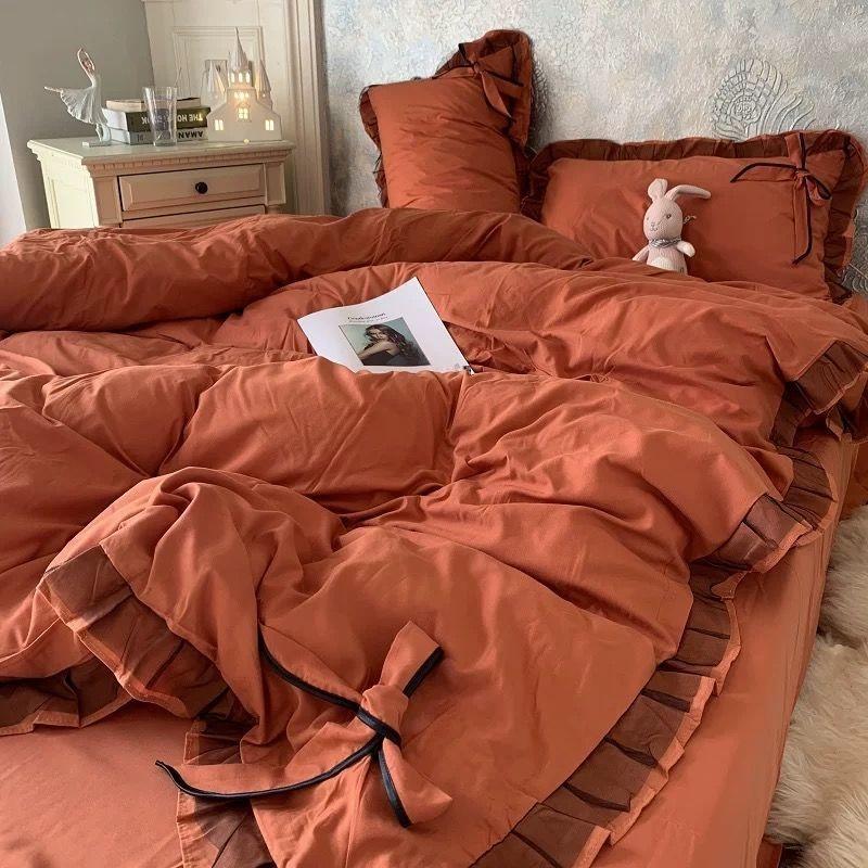 Nordic Grey White Quilt Cover Korean Prinsess Bow Girl Bedding Sets Simple Solid Color Bedclothes Decor Bedroom