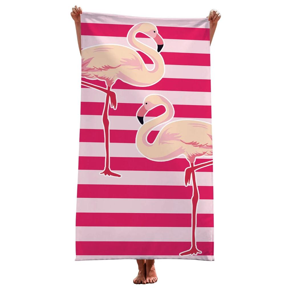Classic Flamingo Striped Beach Towel, Quick Dry Soft Cotton, Pink Stripes with Flamingo Print for Summer Pool Use