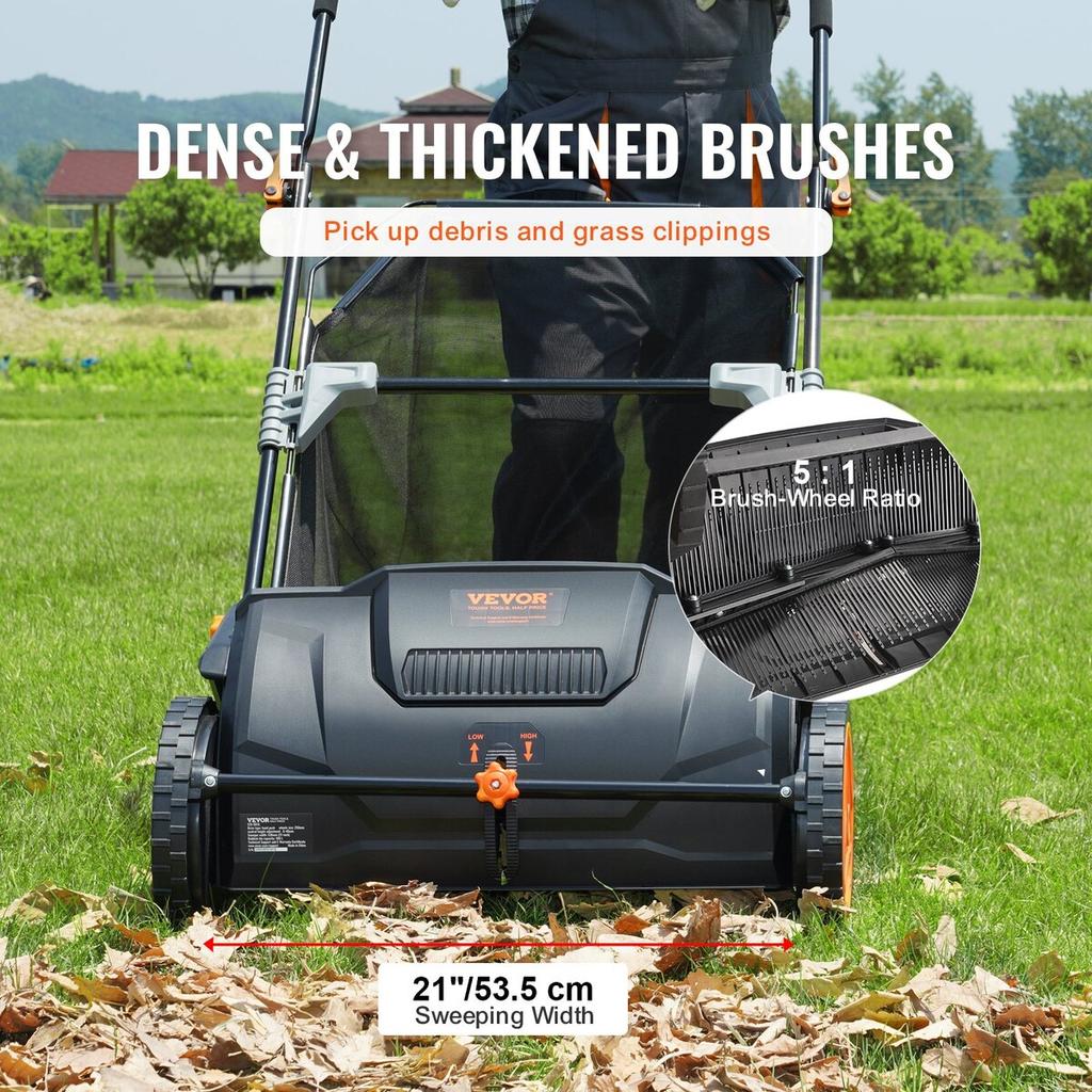 Push Lawn Sweeper, 21-inch Leaf & Grass Collector, Strong Rubber Wheels & Heavy Duty Thickened Steel Durable to Use with Large Capacity 3.5 cu. ft.