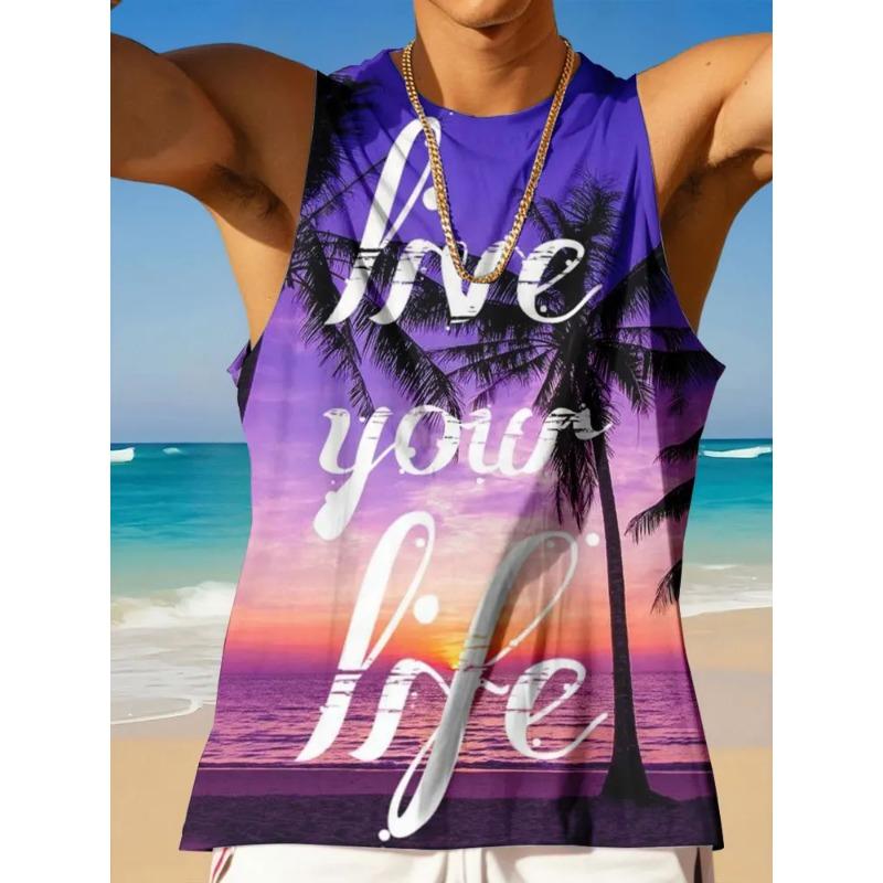 Summer Round Neck 3D Palm Leaf Printed Top Fashionable Casual Hawaiian Beach Sleeveless Vest Men's T-shirts