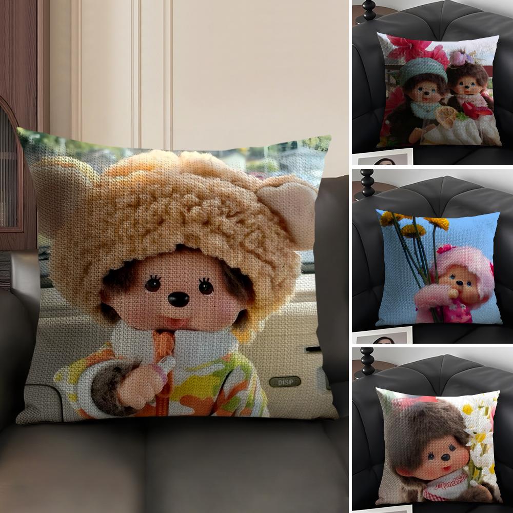 MMonchichis DollL Cute Cushion Cover Natural Linen Organic Fabric DoubleSided Printing Sofa Home Decor Gift Pillow Case
