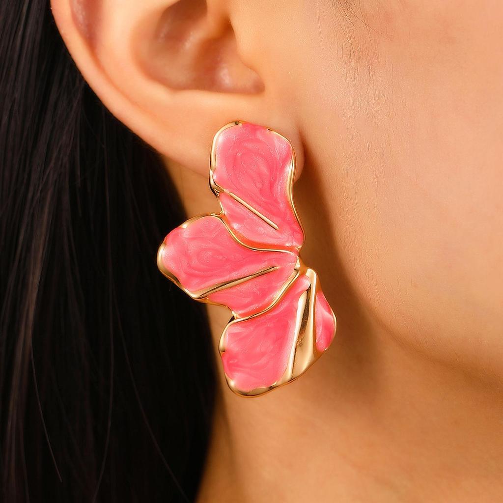 Colorful Drip Oil Flower Stud Earrings - Simple Double-Layer Petal Design for Women, Perfect for Spring and Summer