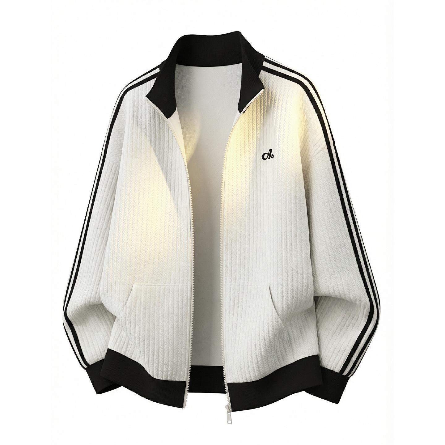 

Men s Spring Style Color-Block Letter Embroidery Cardigan Hoodie with Stand Collar and Vertical Stripe Texture M брудно-білий