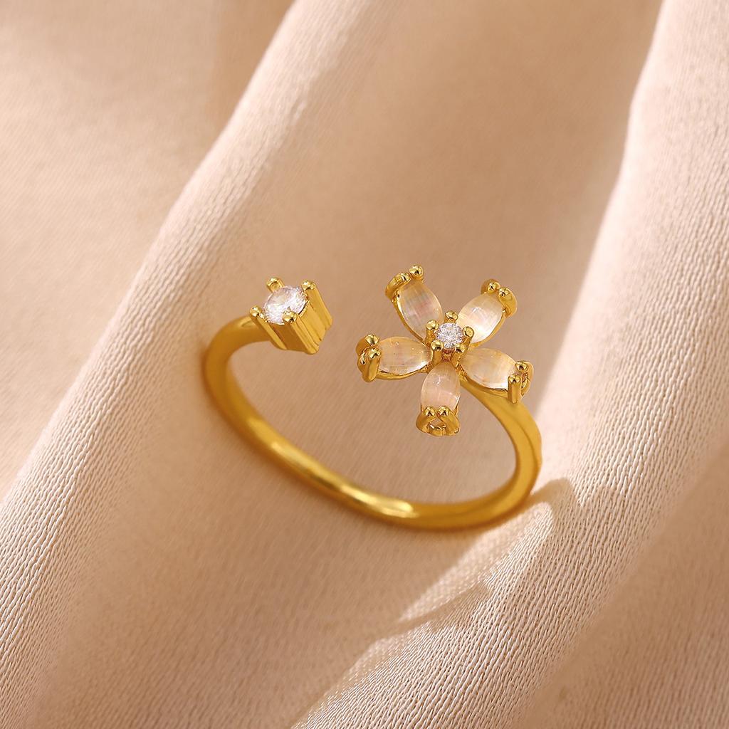 Opal Flower Rings For Women Cubic Zirconia Openning Stainless Steel Flower Ring Wedding Floral Aesthetic Jewelry anillos mujer