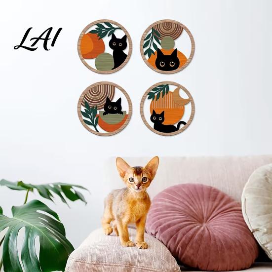 Decorative Cat Sign 4Pcs Black Wall Decor Set Boho Cartoon Hanging Art Art Set Farmhouse Rustic Wooden Plants for Bedroom Living Room Office Animal