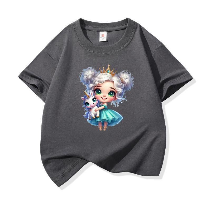Kids Cotton T Shirt Crowned Princess Girl With Pastel Unicorn Print Crew Neck Short Sleeve Tee Casual Boys Girls Summer Tops